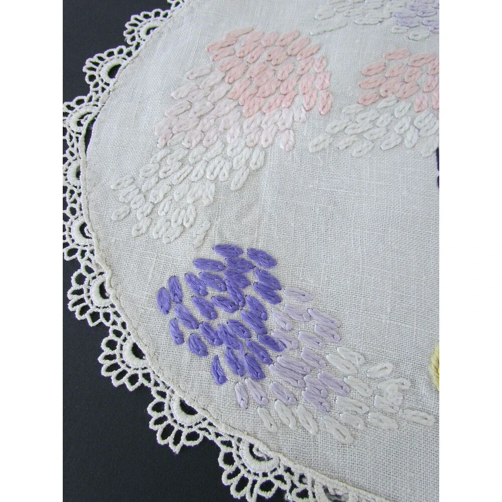 Vintage Butterfly Floral Doily Dresser Scarf Embroidery Set Linen Crochet Edges